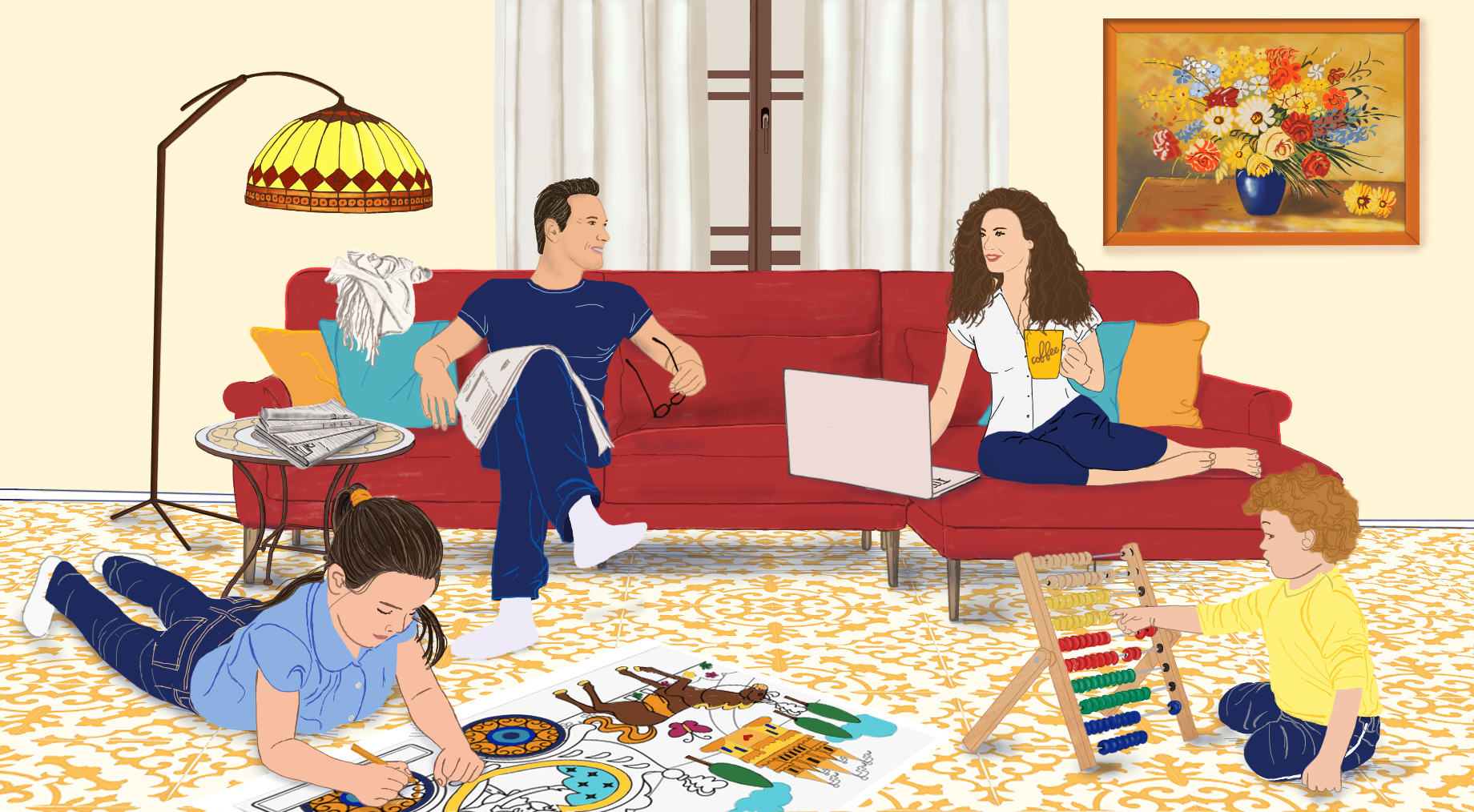 משפחה בסלון – רצפה כתומה